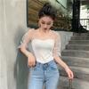 Sommer Mesh Kurzes Top Design Sinn Nische Schwarz V-Ausschnitt Puffärmel Gestricktes Kurzarm T-Shirt für Damen