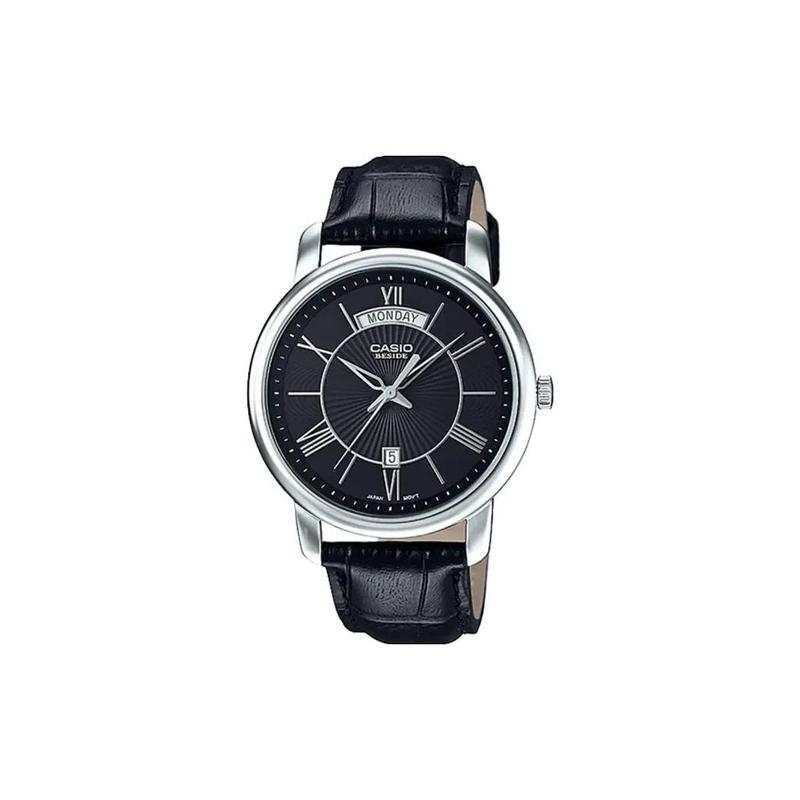 Casio fashionable men s quartz watch leather strap quartz movement leather strap Japanese and Korean watch men s watch black dial BEM-152L-1A чёрный