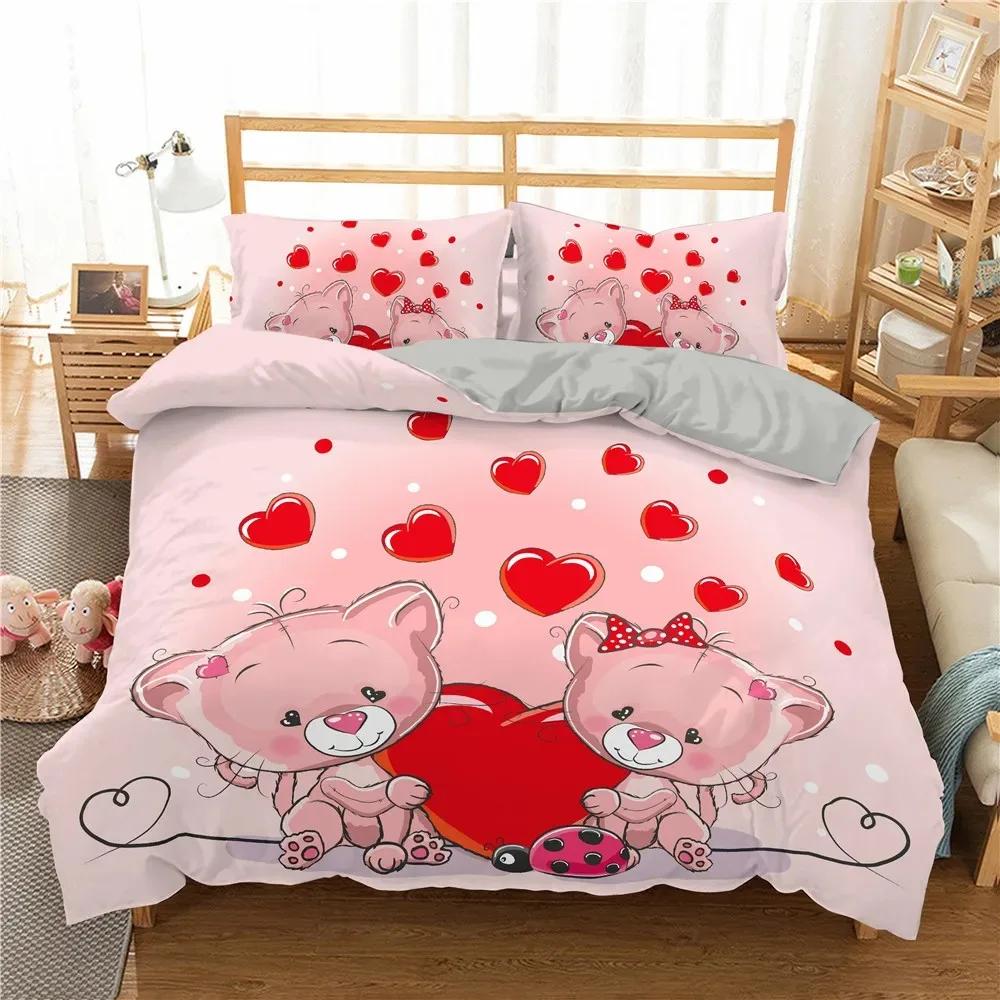 Cartoons Niedliche Katze Bettbezug Polyester Bettdeckenbezug Kissenbezug Junge Mädchen Liebevolle Tiere Bettwäscheset King Queen Full Size