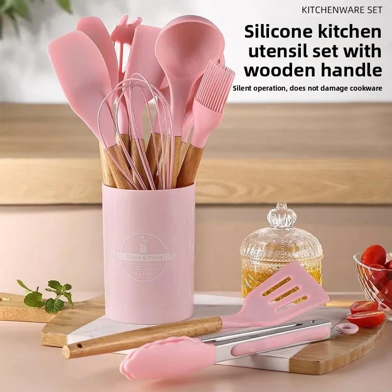 12PCS Silicone Kitchenware Non-Stick Cookware Kitchen Utensils Set Spatula Shovel Egg Beaters Wooden Handle Cooking Tool Set