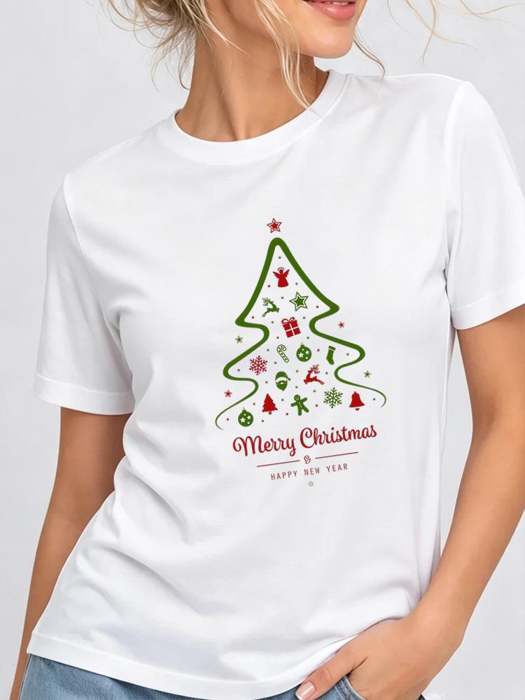 (Asian Size) Lovely Tree Style Christmas New Year Clothing T Shirt Women Fashion Festival Tee Top Print Female Woman Short Sleeve Graphic T-shirts