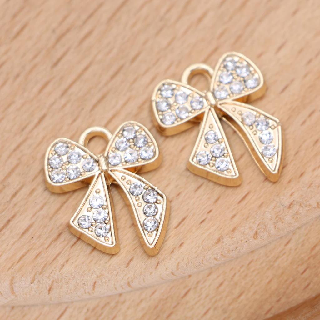 10Pcs Gold Plated Crystal Christmas Bow Charm Pendant For Jewelry Making Earrings Bracelet Necklace Accessories Diy Findings