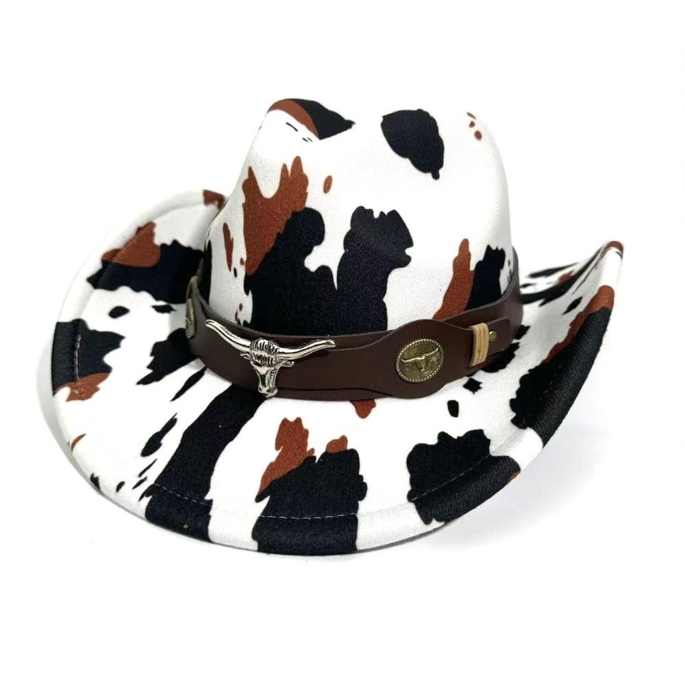 Wide Brim Cow Print Western Caps UV Protection Cow Print Pattern Western Cowboy Hat Retro Style National Style Hat Party Events белый