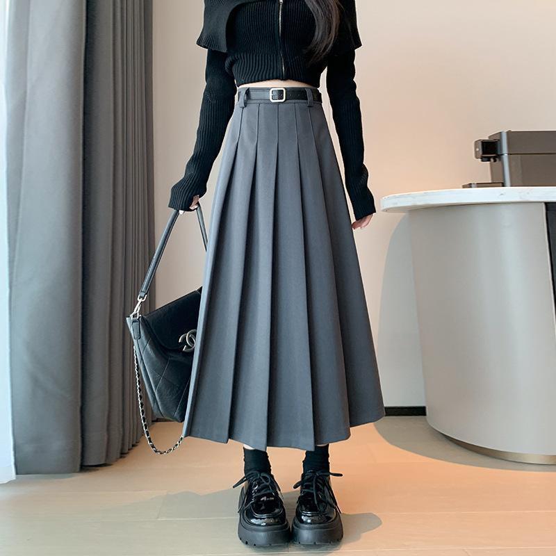 2024 New High Waist Black Woolen Pleated Midi Skirt for Autumn/Winter