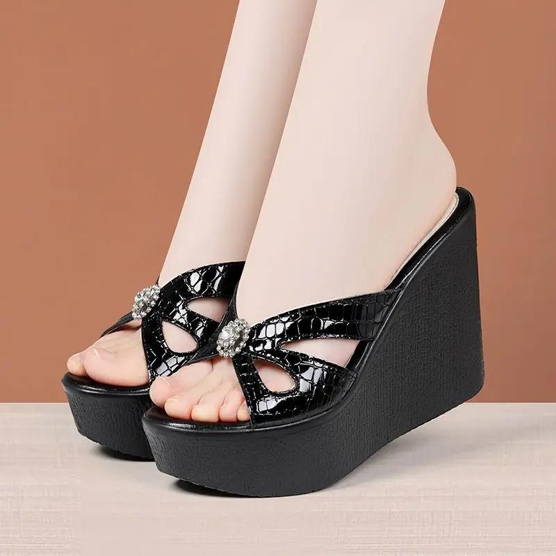 8cm 11cm Small Size 33-43 Elegant Bright Leather Shoes Platform Wedges Slides 2025 Summer High Heels Slippers for Office Model