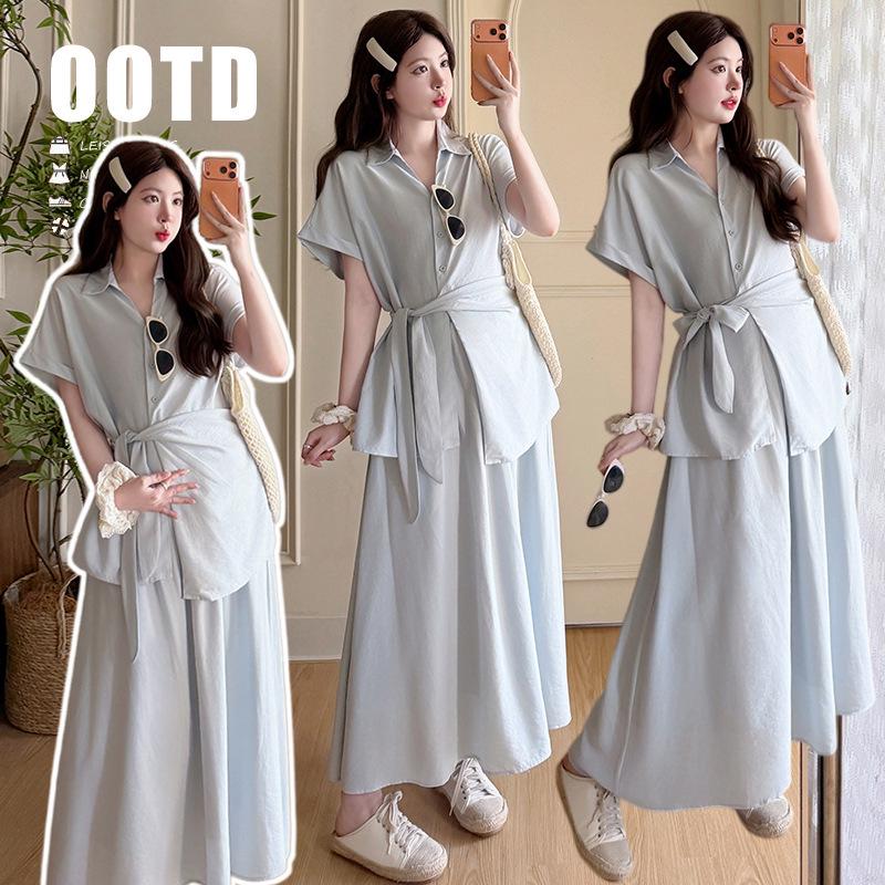 Summer 2026 Baby Blue Lace-Up Waist-Cinching Shirt & Drawstring Skirt Set M