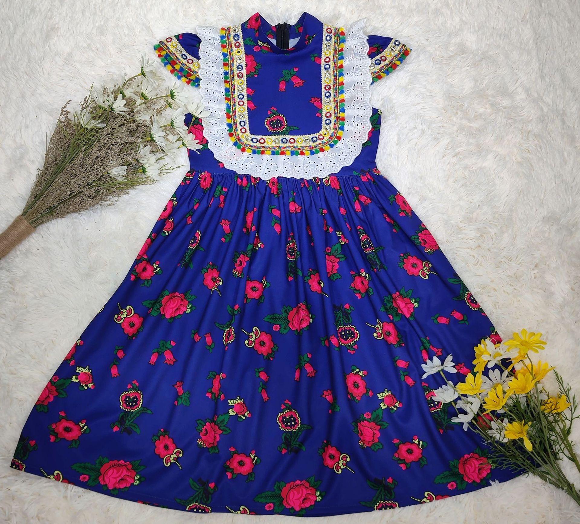 

Платье для девочек с принтом и вышивкой, модное мусульманское платье с кружевной панелью 16 темно-синий