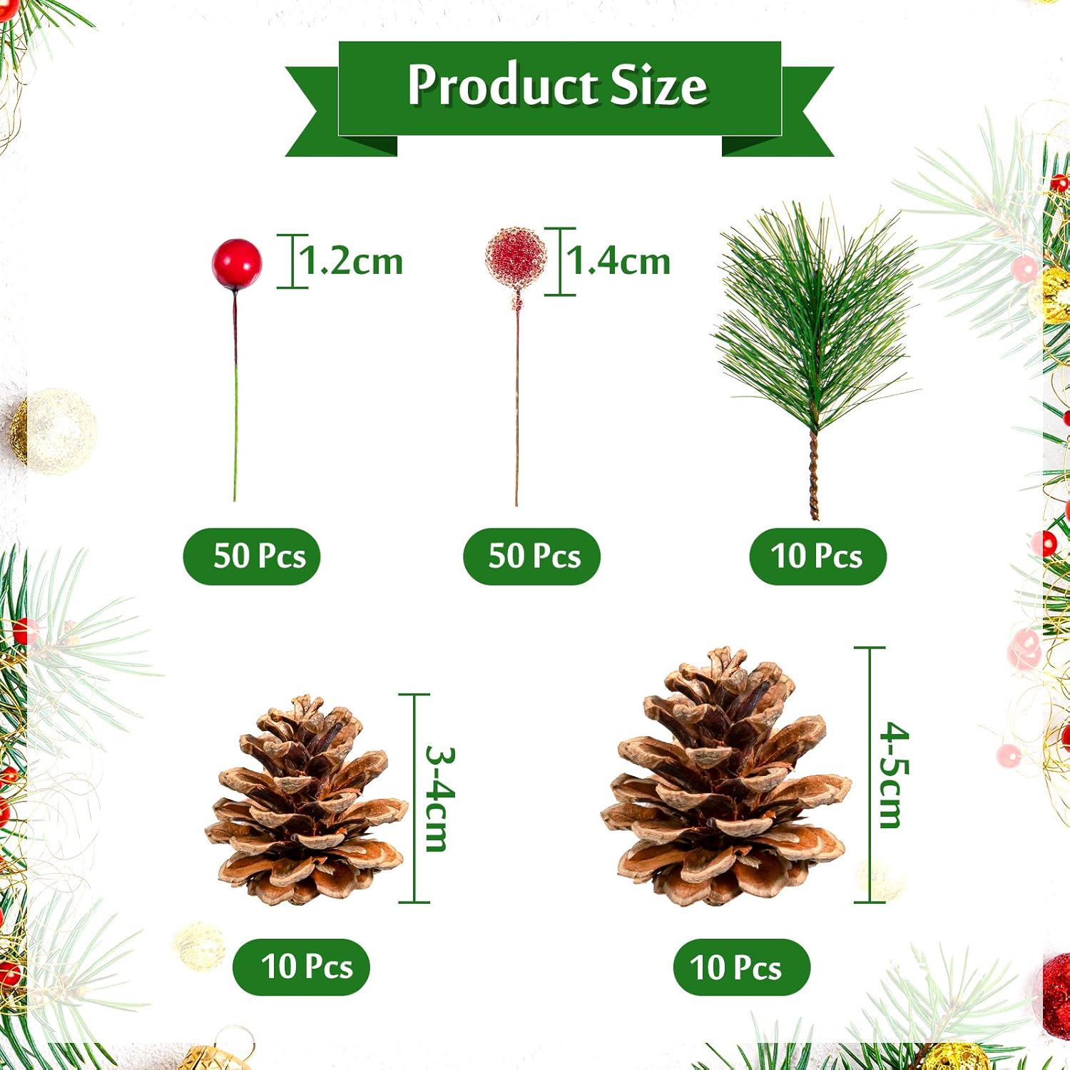 

Christmas Wreath Making Kit: Artificial Pinecones, Red Holly Berries, Branches – 130Pcs DIY Ornament for Tree, Home, Party 0.6M