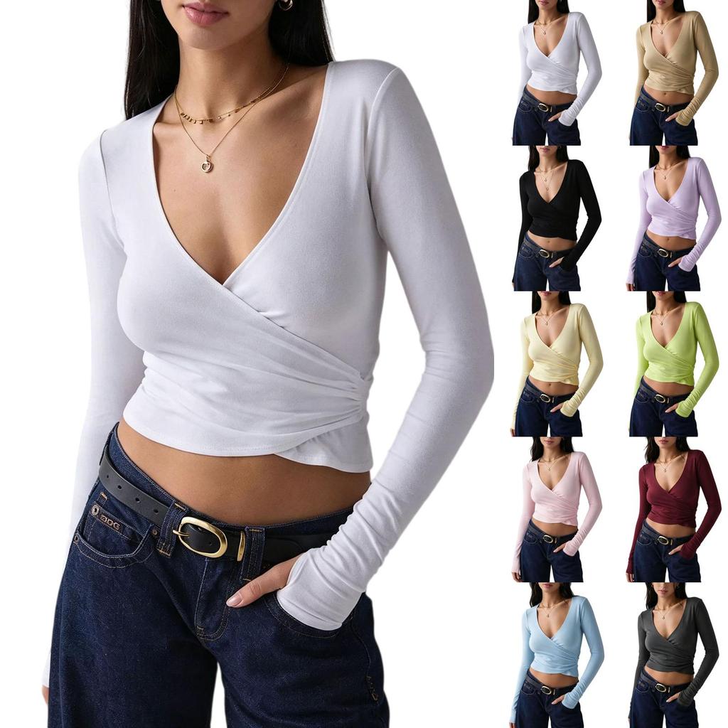 Women's Color Cross Back Long Sleeve Fitted Top for Casual Everyday Wear