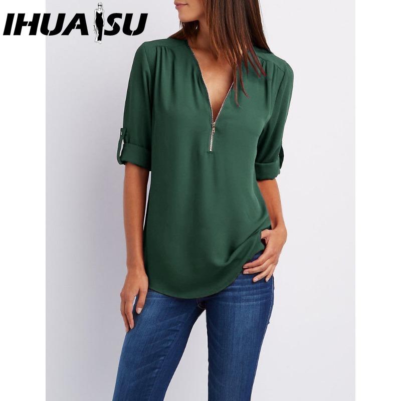 IHUASU Women's Fashion Casual Solid Color Print Short Sleeve POLO Neck Blouses & Shirts