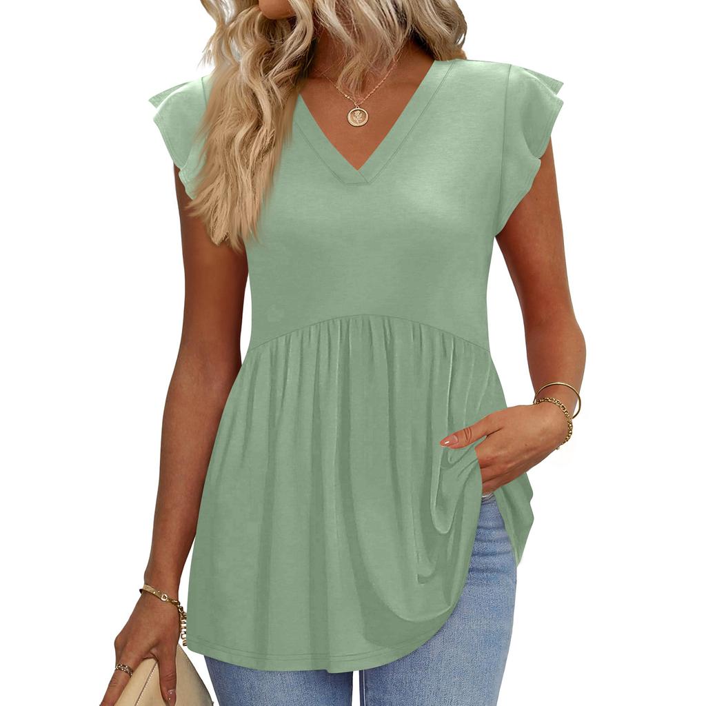 Womens Tops Fashionable V-neck Ruffled Sleeve Short-sleeved T-shirt Business Blouses
