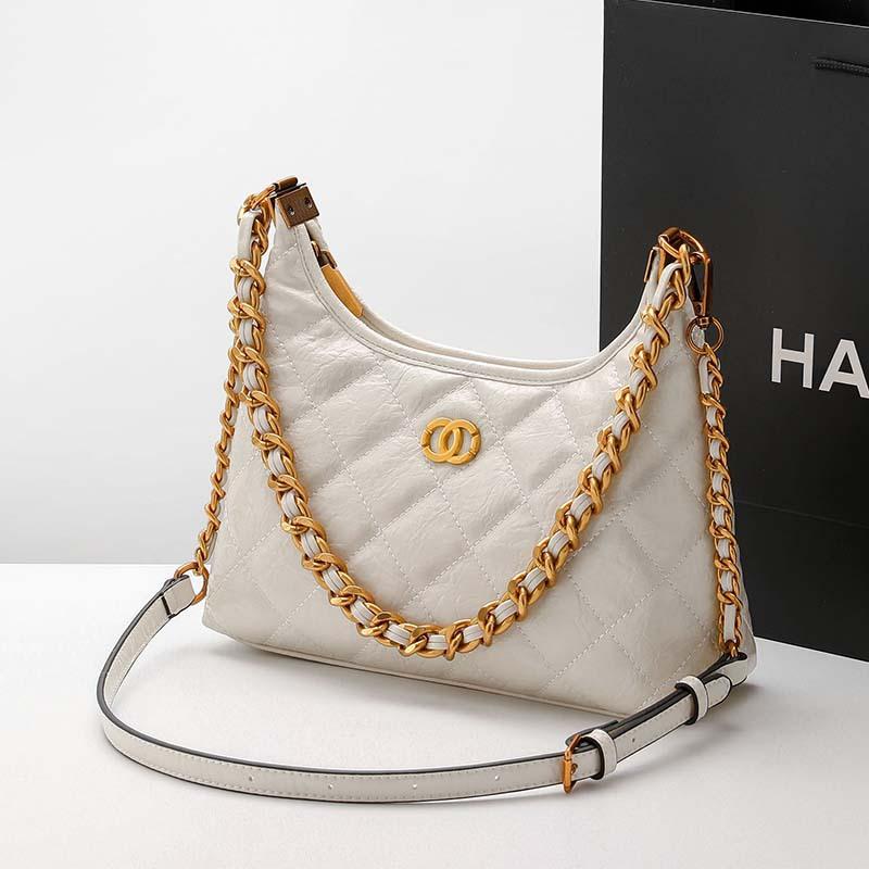 

Xiaoxiang Wind Oil Wax Leather Ling Grid Chain Bag Retro Single Shoulder Underarm 2025 New Fashionable Versatile Cross Women s 27cm off білий колір