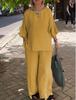 2024 Women's Cotton & Linen Casual Two-Piece Set with Seven-Sleeve Top & Wide-Leg Pants