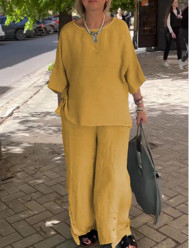 2024 Women's Cotton & Linen Casual Two-Piece Set with Seven-Sleeve Top & Wide-Leg Pants