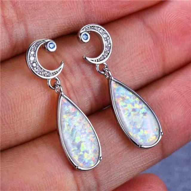 Luxuriöse Tropfen-Ohrringe mit Mondstein für Frauen, Hochzeit, 925er Sterlingsilber, gefüllt mit Wassertropfen, blau-weißer Feueropal