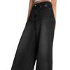Womens Black Wide Leg Distressed Oversized Denim Jeans High Waist Long Trousers Streetwear Style