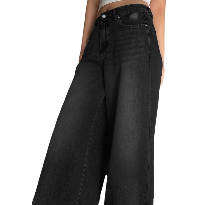Womens Black Wide Leg Distressed Oversized Denim Jeans High Waist Long Trousers Streetwear Style