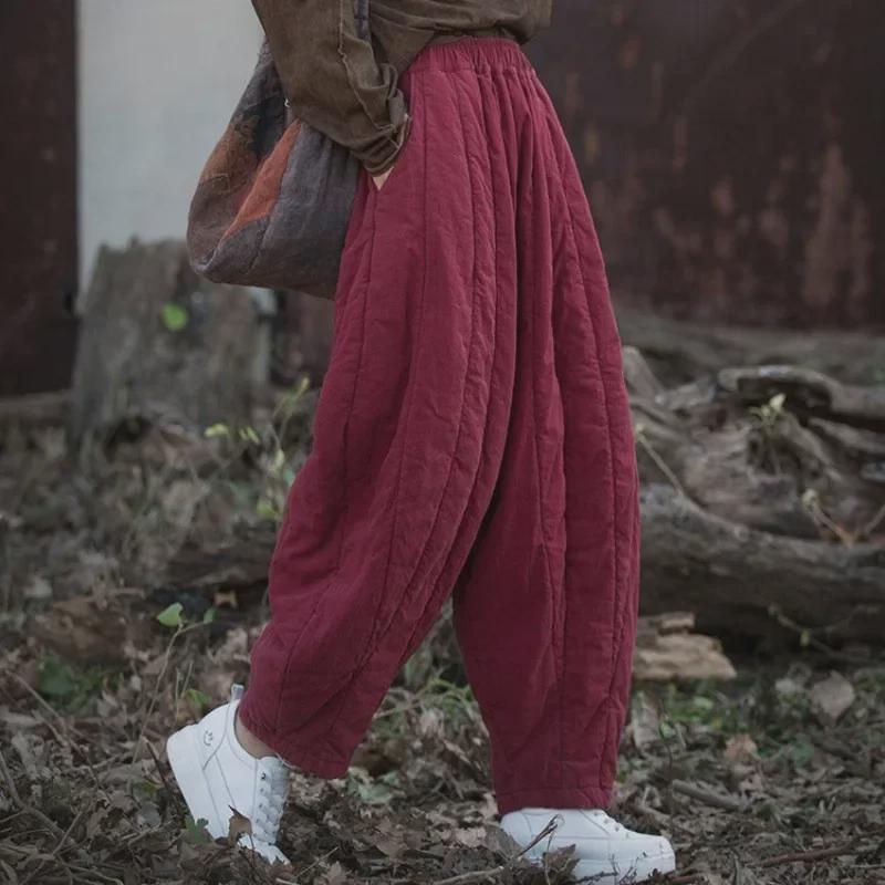 Women's Quilted Cotton-Linen Bloomers: Warm, Loose Carrot Pants for Autumn/Winter