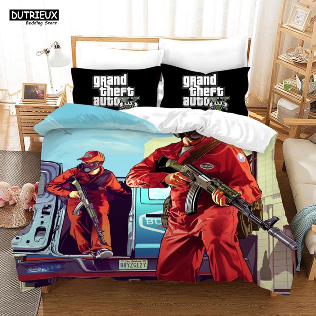 GTA V Game - Themed Cartoon Bedding Set with Duvet Cover and Pillowcase, Including Comforter