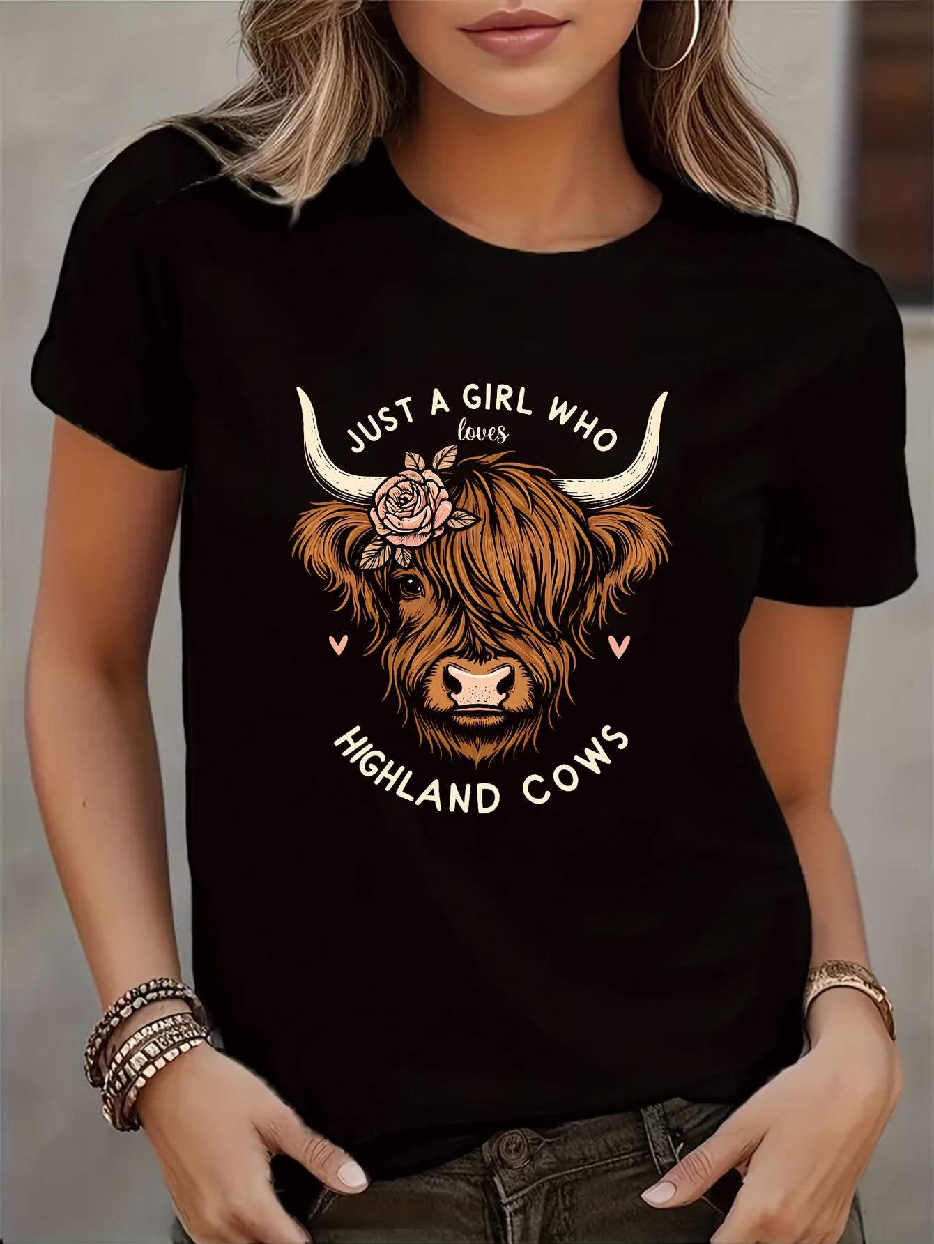 

Summer Casual Round-Neck Short-Sleeve T-Shirt Made from Slightly Stretchy Fabric, Featuring a Regular Cut And a Highland Cow Print S разноцветный