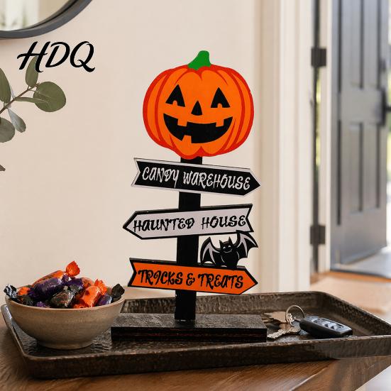 Halloween Atmosphere Props Wooden Sign Decoration DIY Ghost Pumpkin Bat Tabletop Ornament with Party Centerpieces Spooky Slogans Rustic for