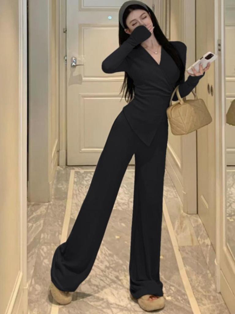 Irregular Slim Fit V-neck Top & Micro Flare Wide Leg Pants Set for Women - Autumn Collection 2026