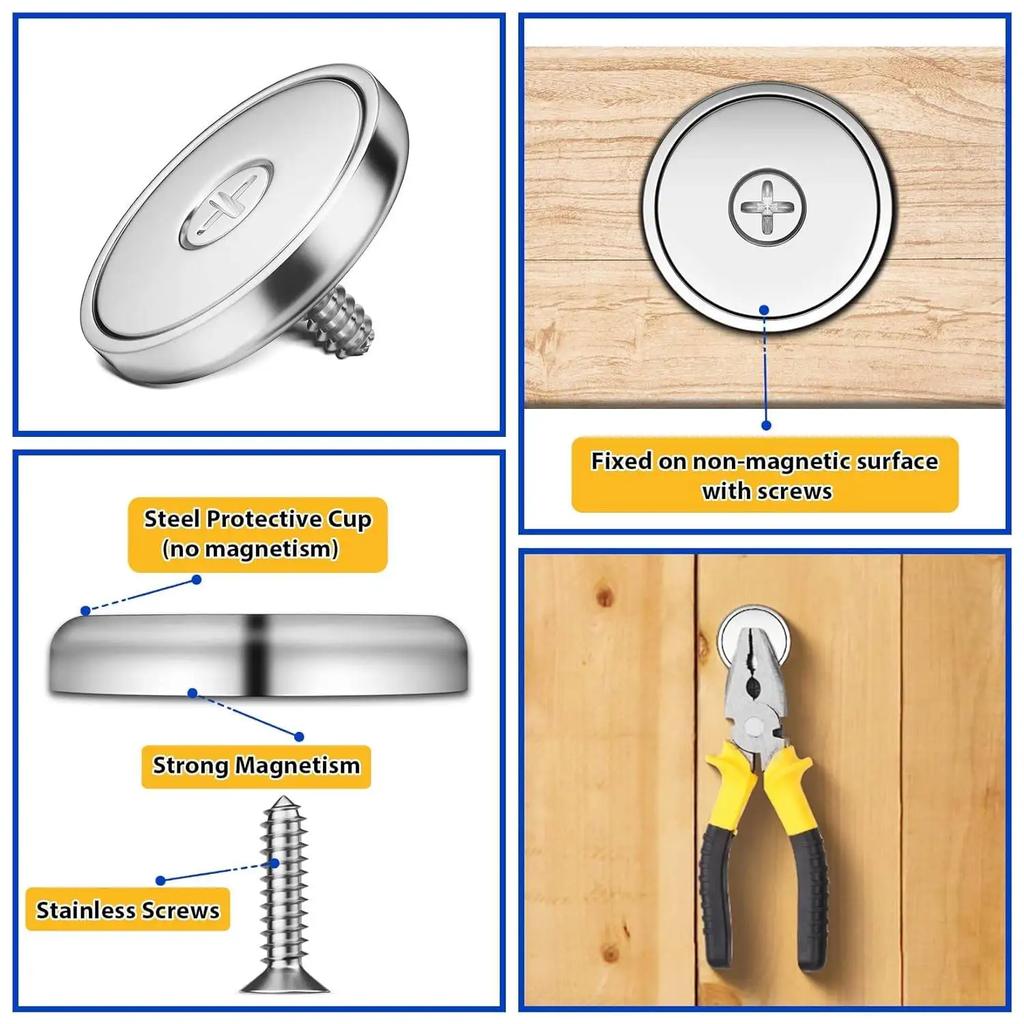 Pachet 4/8/12 Magneți cu Cupă, 60LBS Magneți Industriali cu Disc cu Bază Rotundă cu Orificiu Contascut și Șuruburi din Oțel Inoxidabil