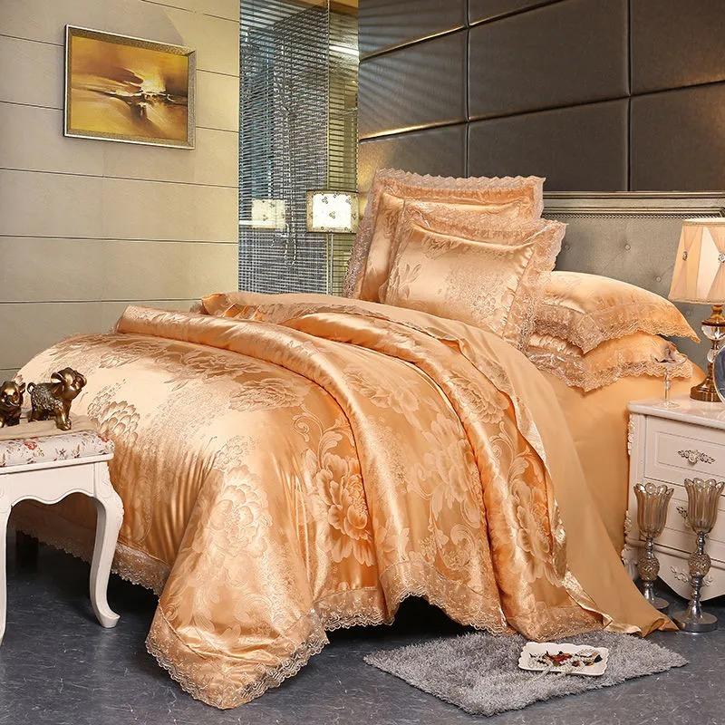 

Luxury Jacquard Bedding Set Cotton Duvet Cover Lace Satin Bed Sheet Pillowcases King and Queen Size Bedspread Home Textiles 4PCs Queen Size 4pcs