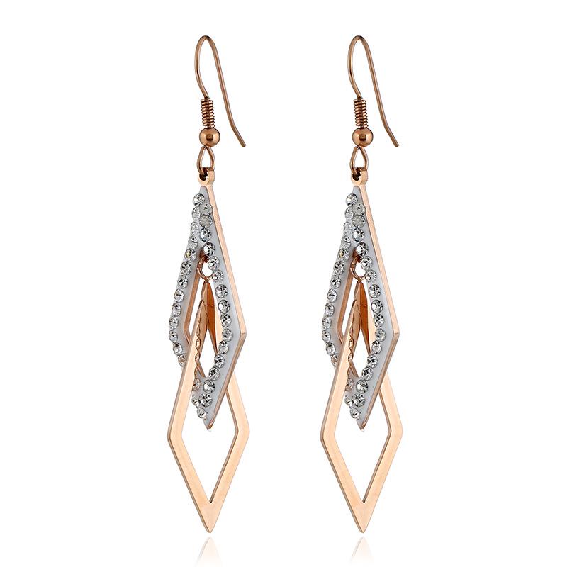 Eleganti Orecchini Geometrici a Doppio Anello in Acciaio di Titanio, Forma a Diamante, Personalità Lunga