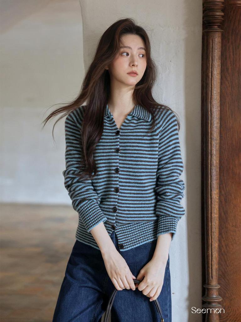Korean Style Striped Long Sleeve Knitted Cardigan - Petite Unique Exquisite Autumn 2025 Collection