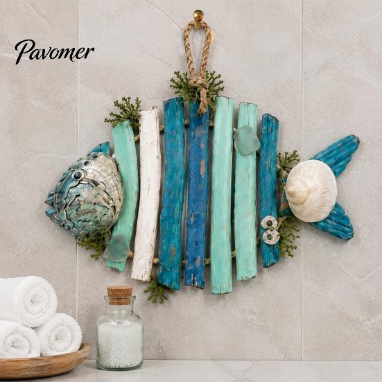 Lake House Wall Hanging Lighted Wooden Fish Decor, Rustic Nautical Fishing Wood Sculpture with LED Lights, Camp RV Coastal Ornaments Beach Theme
