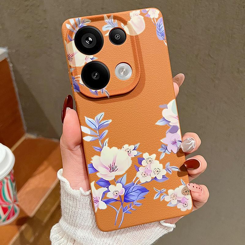 Floral Print Leather Texture TPU Soft Case For Xiaomi 13T Pro Poco X7 X6 M6 Pro Redmi Note 14 13 Pro 12 11 Slim Matte Shockproof Phone Cover
