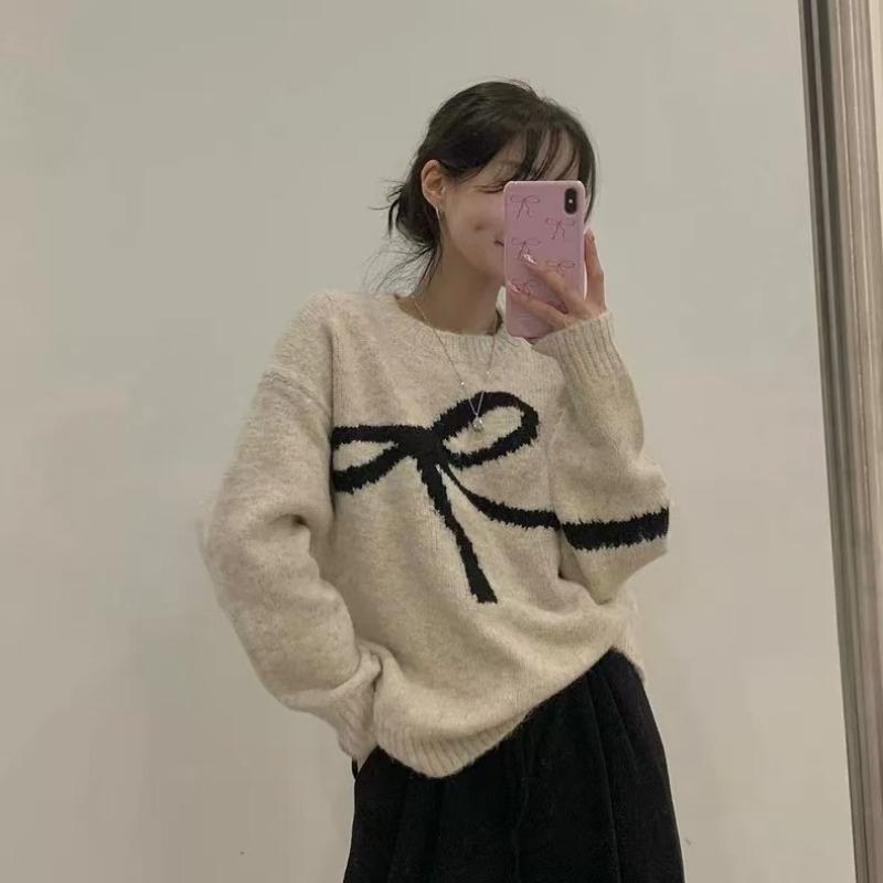 Elegant Korean O-neck Bow Tie Pattern Sweet Pullover Sweater Autumn Women Long Sleeve Casual Knitted Top Loose Fashion Winter Simple Knitwear