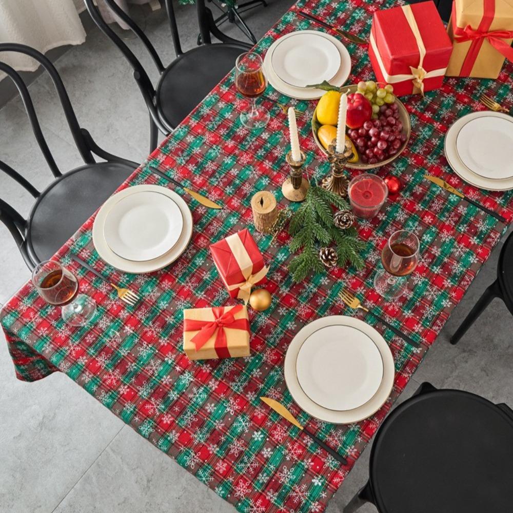 Christmas Tablecloth Rectangle Snowflake Retro Green Plaid Holiday Dining Table Decor
