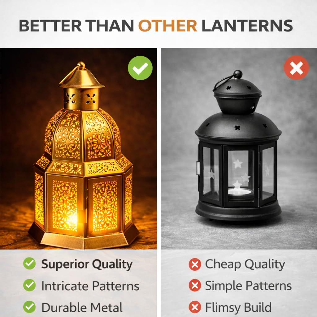Gold Metal Moroccan Lantern with Cutwork (25 cm) + Tealight Included | Hanging Decorative