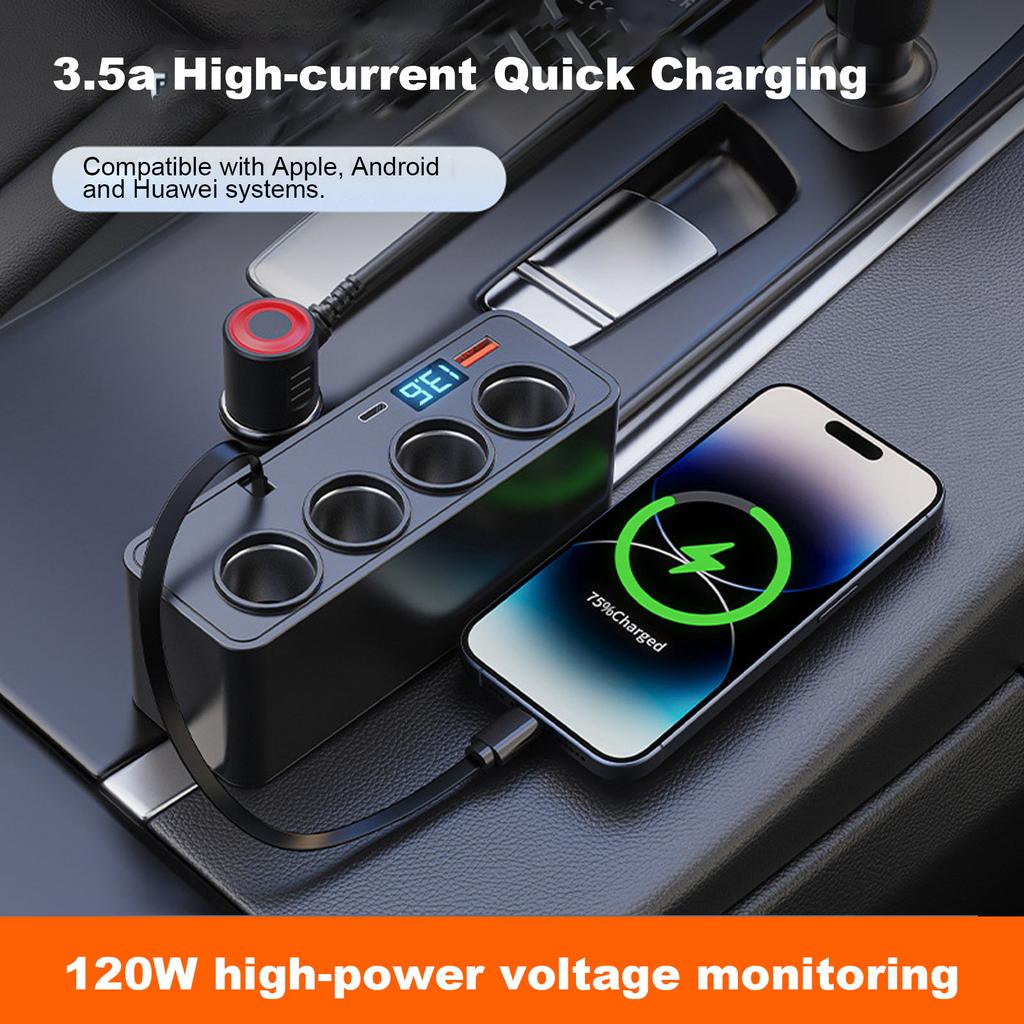 Car Lighter One To Four Lighter Multi-function Adapter Plug Super Fast Charging Retractable Cable Car Charger