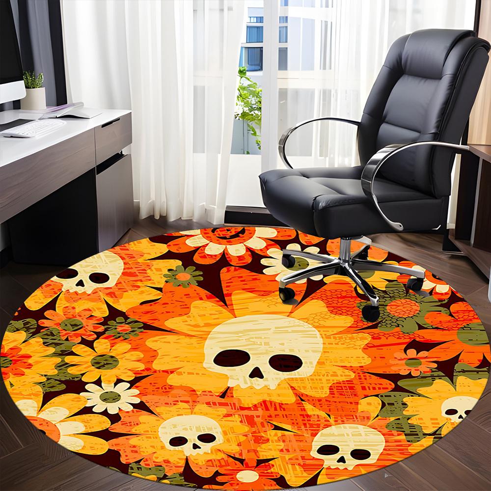 1pc Skull Flowers Office Round Area Rug,  Mat Suitable For Office, Under Office Chairs Bedroom Living Room Home Decor, Room Deco
