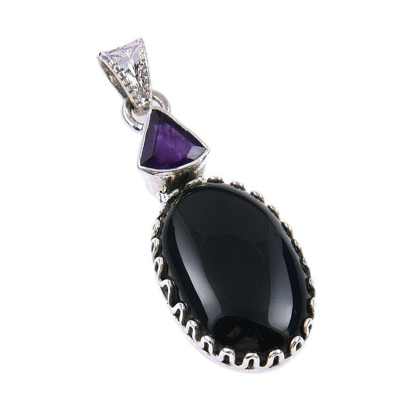 Natural Black Onyx,African Amethyst Gemstone 925 Solid Silver Pendant 1.75" g8N85