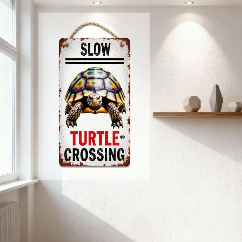 Vintage Rustic 'SLOW TURTLE CROSSING' Metal Tin Sign with Turtle Illustration - Warning Sign for Home Garden Outdoor Decor, Retr