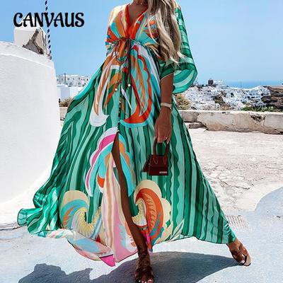 Summer Women's Dress Holiday Style V-Neck Slim Printed Printed Long Dresses