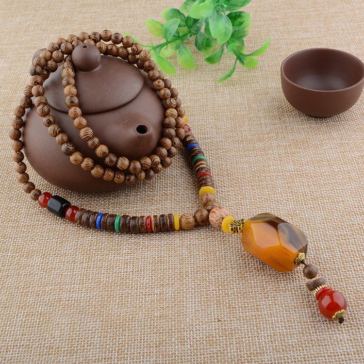 Vintage Etniska Kläder Accessoarer Tröjkjede Lindbladshänge Lång Trätröjkjede