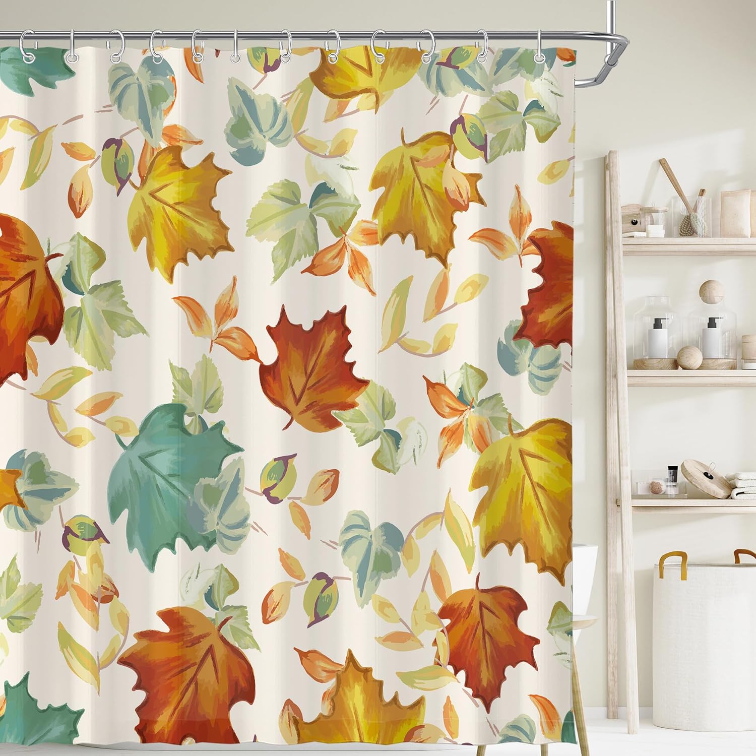

Watercolor Leaf Shower Curtain Autumn Design Bathroom Decor Fall Colors Maple Leaves Nature Art Cozy Look Modern Style Bath Set W60H190(CM)-1 Pcs