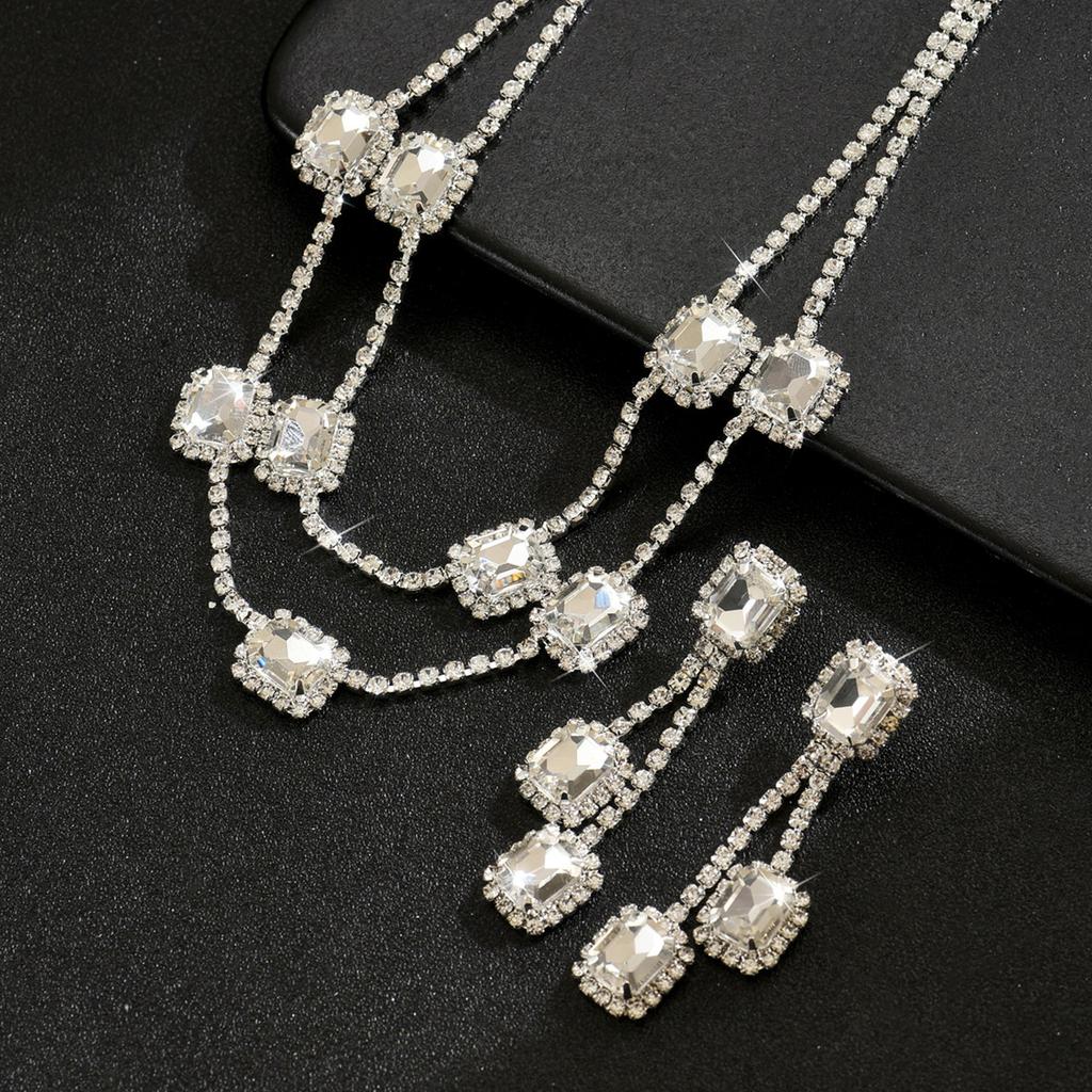 Zircon Square Fringed Earrings, Royal Style Earrings and Necklace, Luxurious Wedding Accessory