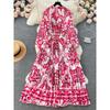 Palace Style Round Neck Print Lantern Sleeve Loose Dress