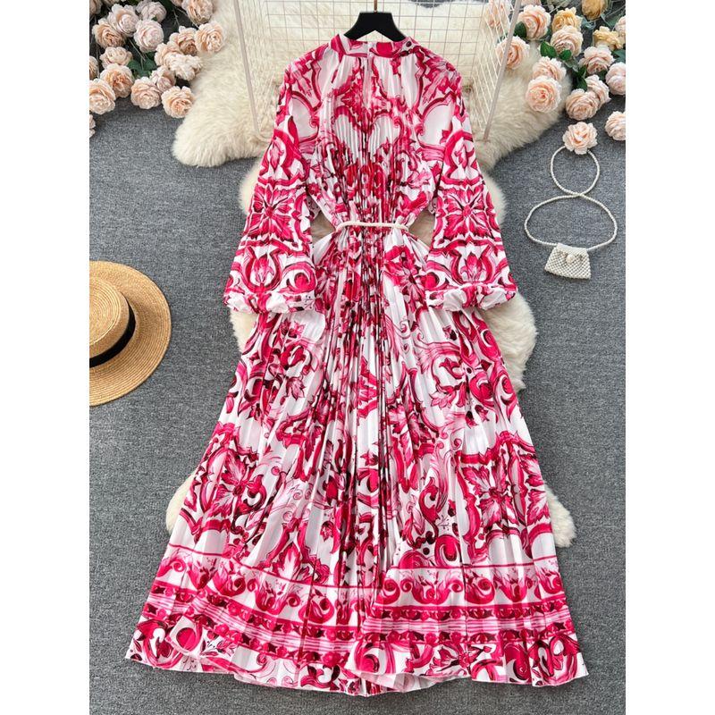 Palace Style Round Neck Print Lantern Sleeve Loose Dress