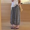 Women Summer Girl Vintage Plaid Casual Loose Bloomers Pants Elastic Waist Ruffled Hem Wide Leg Pants