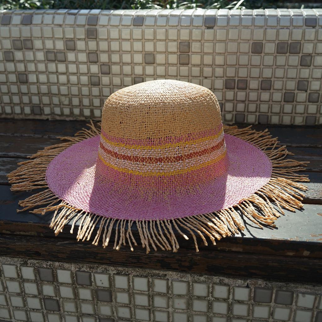 Korean Version Of Rose Pink Vacation Beach Woven Wide Brim Wavy Hair Beard Top Hat Women'S Summer Sunshade Sun Protection Travel Straw Hat