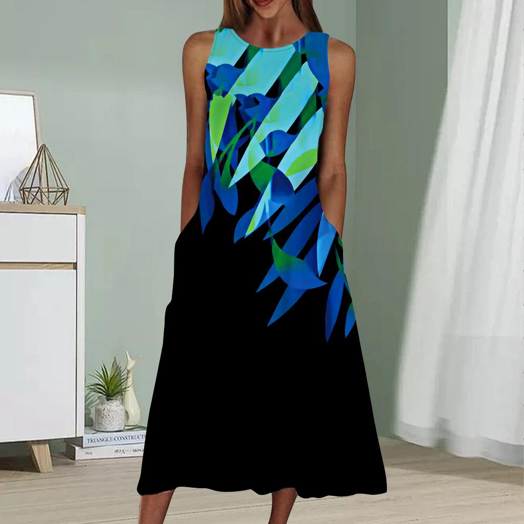 

Літня модна сексуальна сукня без рукавів, м’яка повсякденна 3D-сукня з принтом рожевих квітів, сукня-слінг без рукавів XXL темно-синього кольору