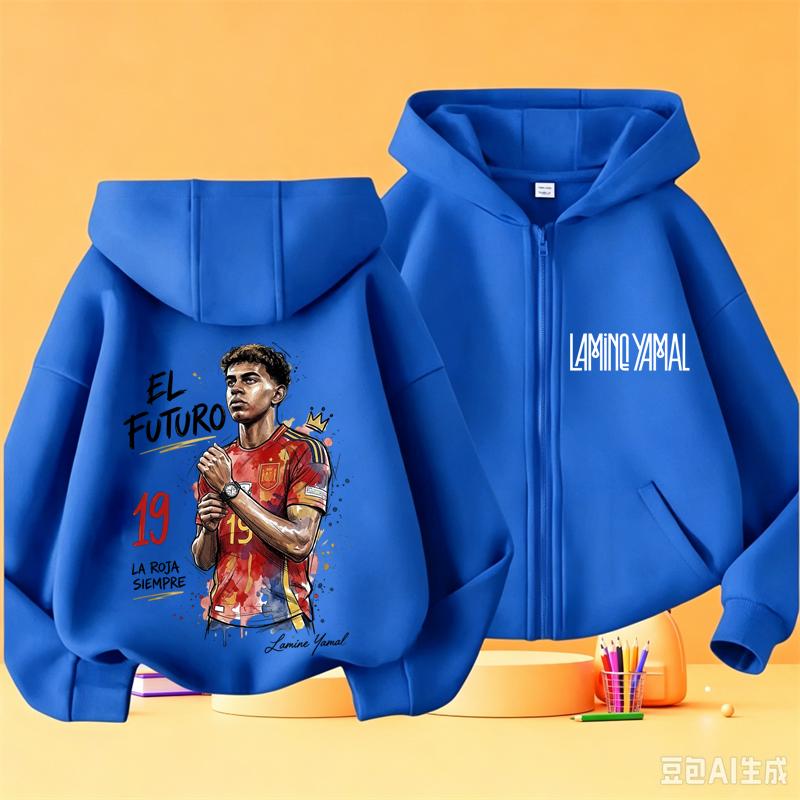 Kids Lamine Yamal Zip Up Hoodie, Boys Football Star Portrait Graphic Front Back Print Hooded Jacket, Casual Sports Sweatshirt