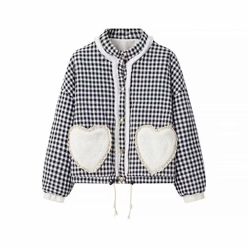 Damen Winter Streetwear Patchwork Karomuster Baumwollmantel Lockere Passform Runder Halsausschnitt Langarm Oberbekleidung